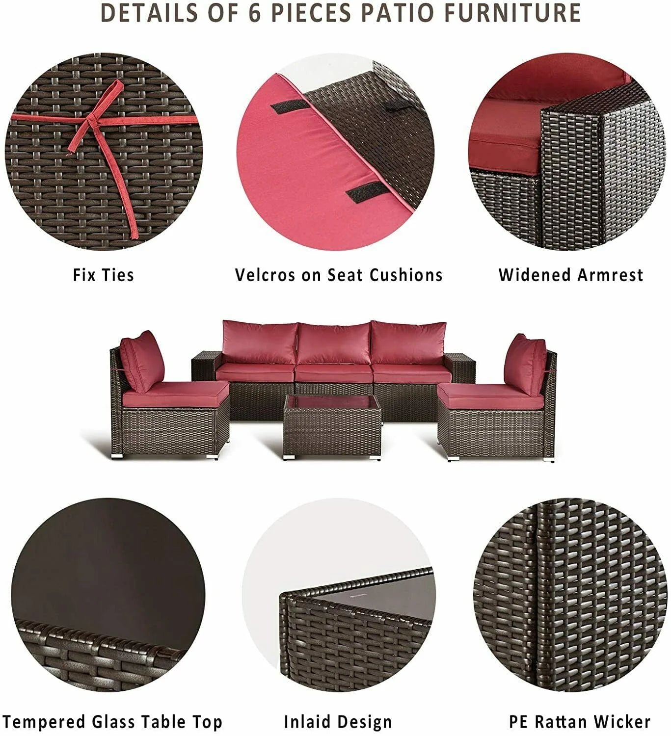 Gotland Outdoor Patio Furniture Set 6 Piece Sectional Rattan Sofa Set Rattan Wicker Patio Conversation Set with 5 Seat Cushions and 1 Tempered Glass Table,Red