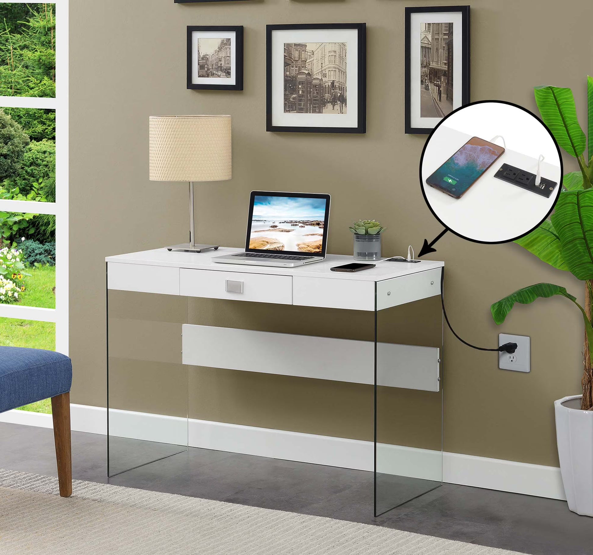 Convenience Concepts SoHo 30"H 42" W Glass Desk with Charging Station, White/Glass, All Ages