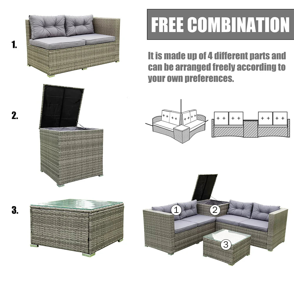 Rattan Patio Sofa Set, 4 Pieces Outdoor Sectional Furniture, All-Weather PE Rattan Wicker Patio Conversation, Cushioned Sofa Set with Glass Table & Storage Box for Patio Garden Poolside Deck