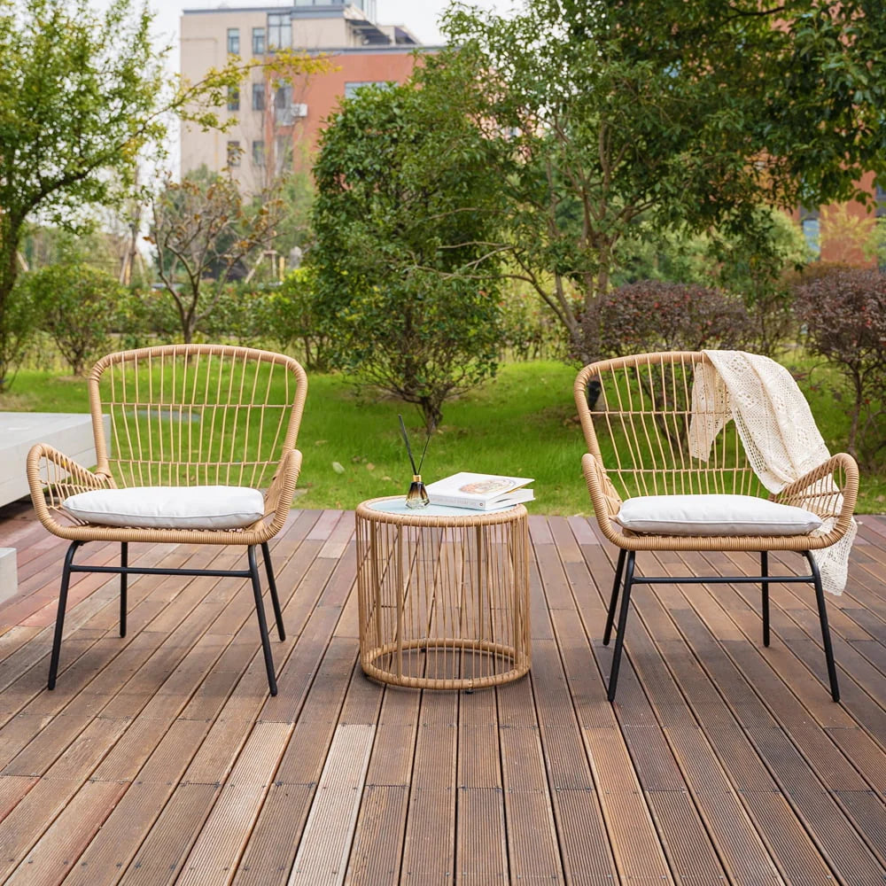 Outdoor Bistro Sets, 3 Piece Natural Color Wicker Chairs Set, Cushioned Patio Conversation Chairs Sets with 2 Armchairs and Tempered Glass Coffee Table, for Yard, Deck, Poolside, D7829
