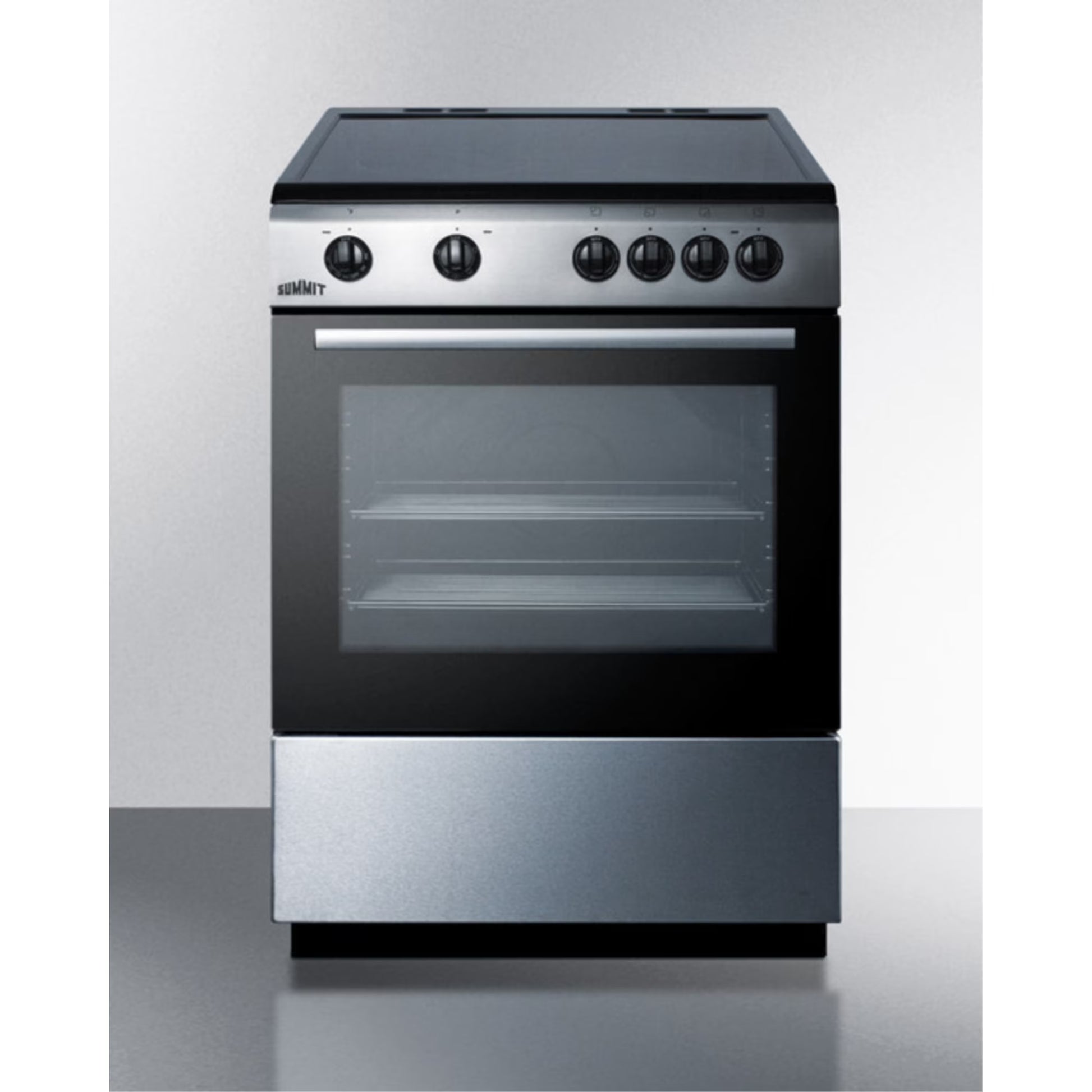 24" wide smooth top electric range in slide-in style and white finish, with storage drawer and large oven window in black glass
