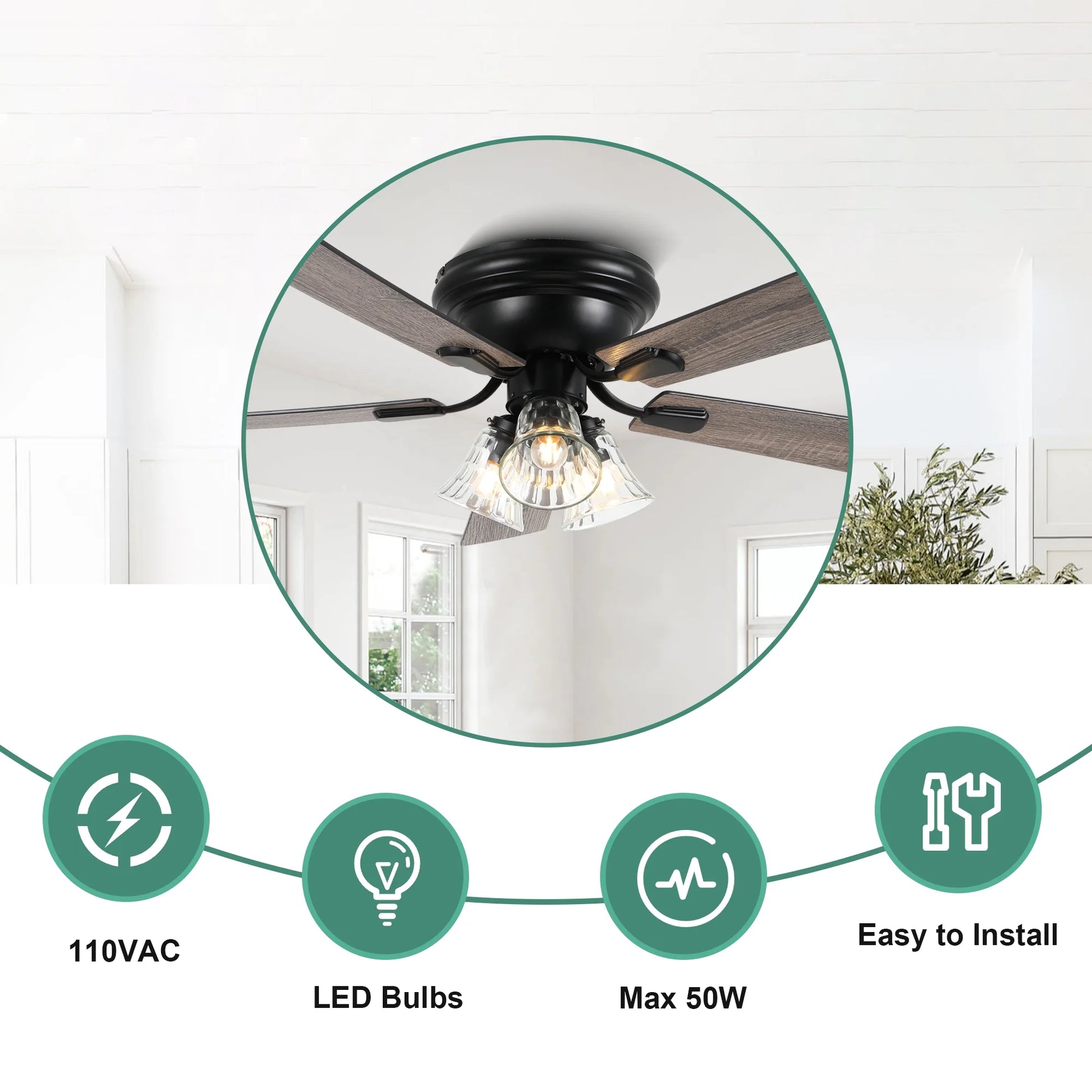 Cusp Barn 52 Inch Traditional Indoor Ceiling Fan with Remote Control, Vintage Clear Glass Shade Chandelier, Low Profile Flush Mount Reversible Ceiling Fan for Bedroom