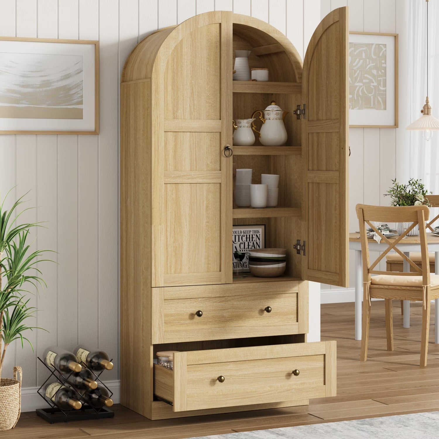 72" Tall Arched Kitchen Pantry Cabinet,Farmhouse Wood Pantry Storage Cabinet with 2 Large Drawers,Glass Door,Freestanding Versatile Pantry Cabinets Kitchens Storage Cabinets for Dining,Living Room