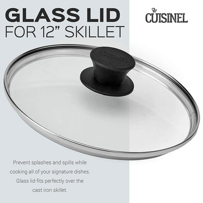 Pre-Seasoned Cast Iron Skillet (12-Inch) with Glass Lid and Handle Cover Oven Safe Cookware