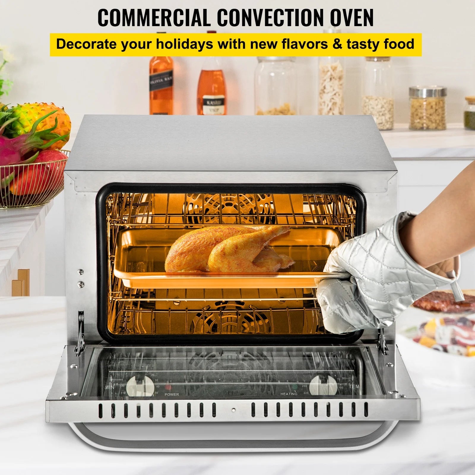 KFFKFF Commercial Convection Oven, 21L/19Qt, Quarter-Size Conventional Oven Countertop, 1440W 3-Tier Toaster w/Front Glass Door, Electric Baking Oven w/Trays Wire Racks Clip Gloves