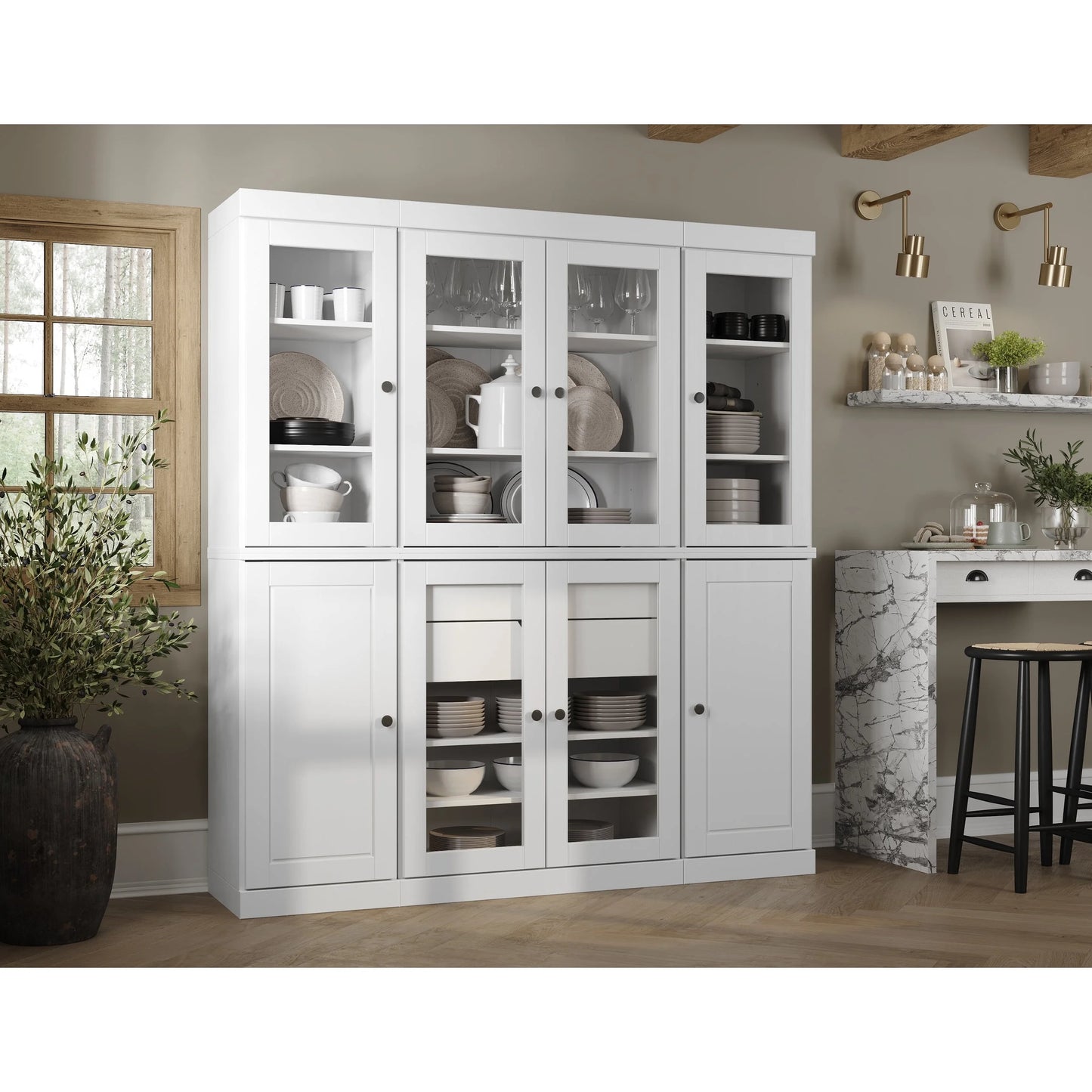 Palace Imports 100% Solid Wood Kitchen Pantry Storage Cabinet with Solid, Glass Doors, Adjustable Shelves and 2-Drawers, White