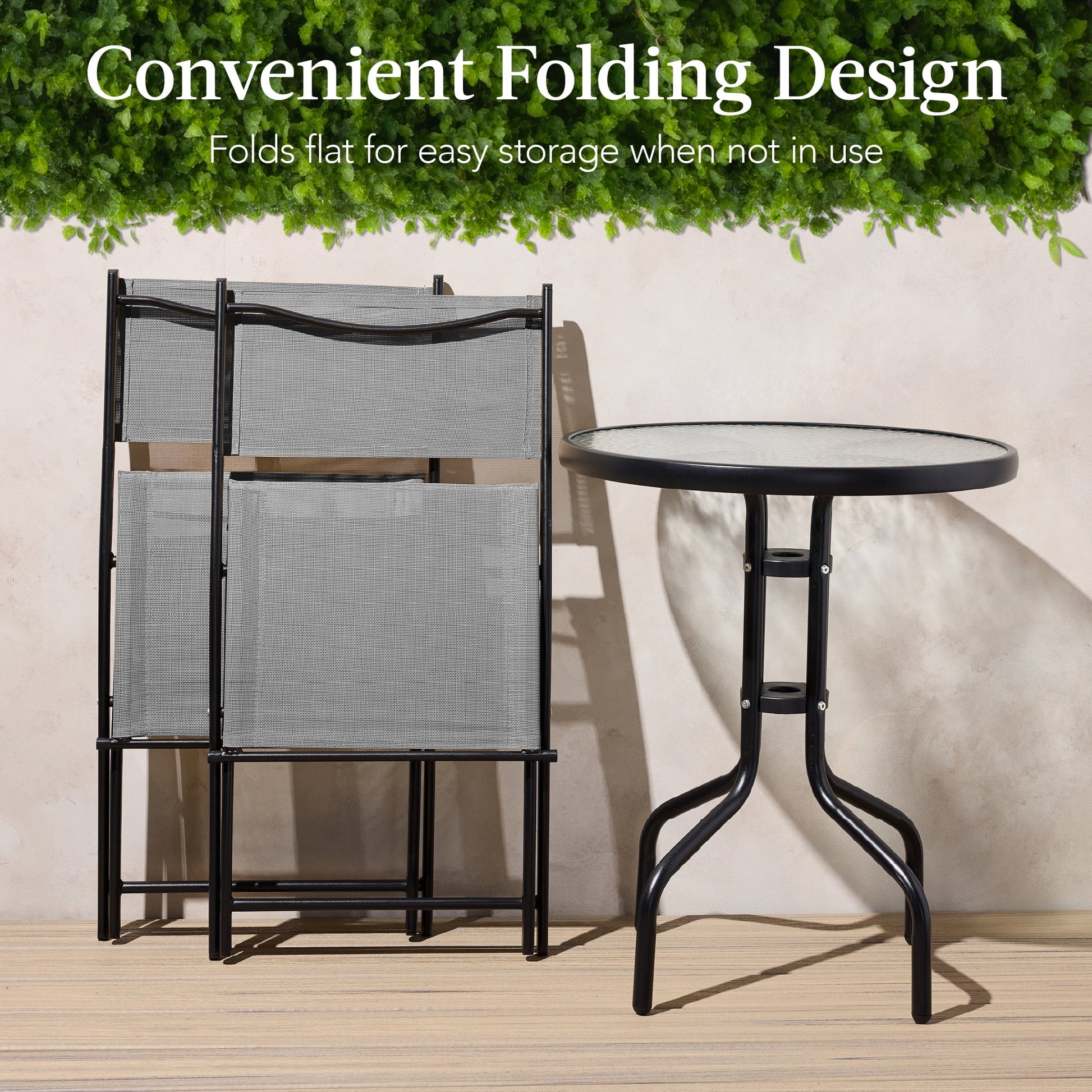 Best Choice Products 3-Piece Patio Bistro Dining Furniture Set w/Glass Tabletop, Folding Chairs - Gray