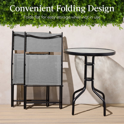 Best Choice Products 3-Piece Patio Bistro Dining Furniture Set w/Glass Tabletop, Folding Chairs - Gray
