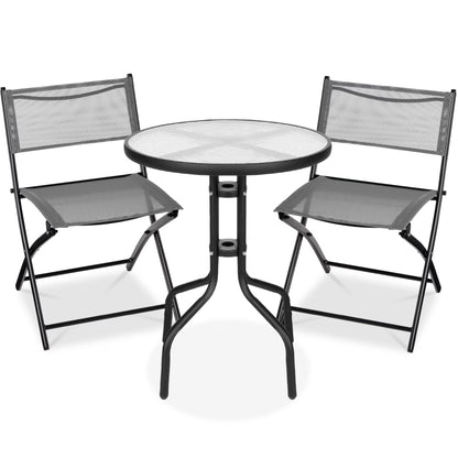 Best Choice Products 3-Piece Patio Bistro Dining Furniture Set w/Glass Tabletop, Folding Chairs - Gray