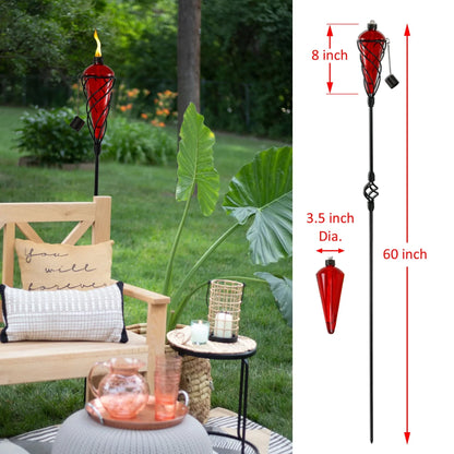 Westcharm 4 Pack 60 Inch Glass Garden Torch Light with Swirling Metal Ground Pole - Burning Citronella Torch Fuel | Outdoor Lighting for Party Patio Pathway Garden Décor - Assorted Colors