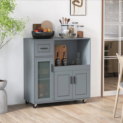 Gymax Kitchen Island Cart on Wheels Microwave Cabinet w/Frosted Tempered Glass Door