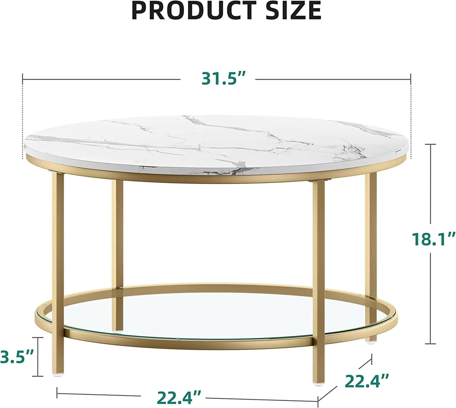 DEXTRUS 2-Tier Round Coffee Table Marble Center Cocktail Table with Glass Open Storage Shelf, White & Gold