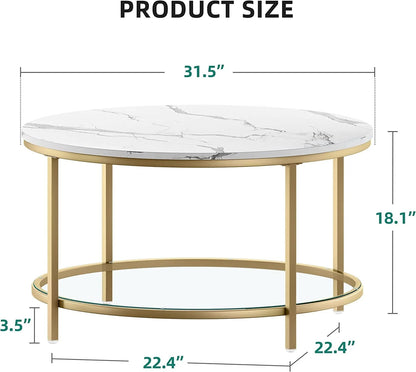 DEXTRUS 2-Tier Round Coffee Table Marble Center Cocktail Table with Glass Open Storage Shelf, White & Gold