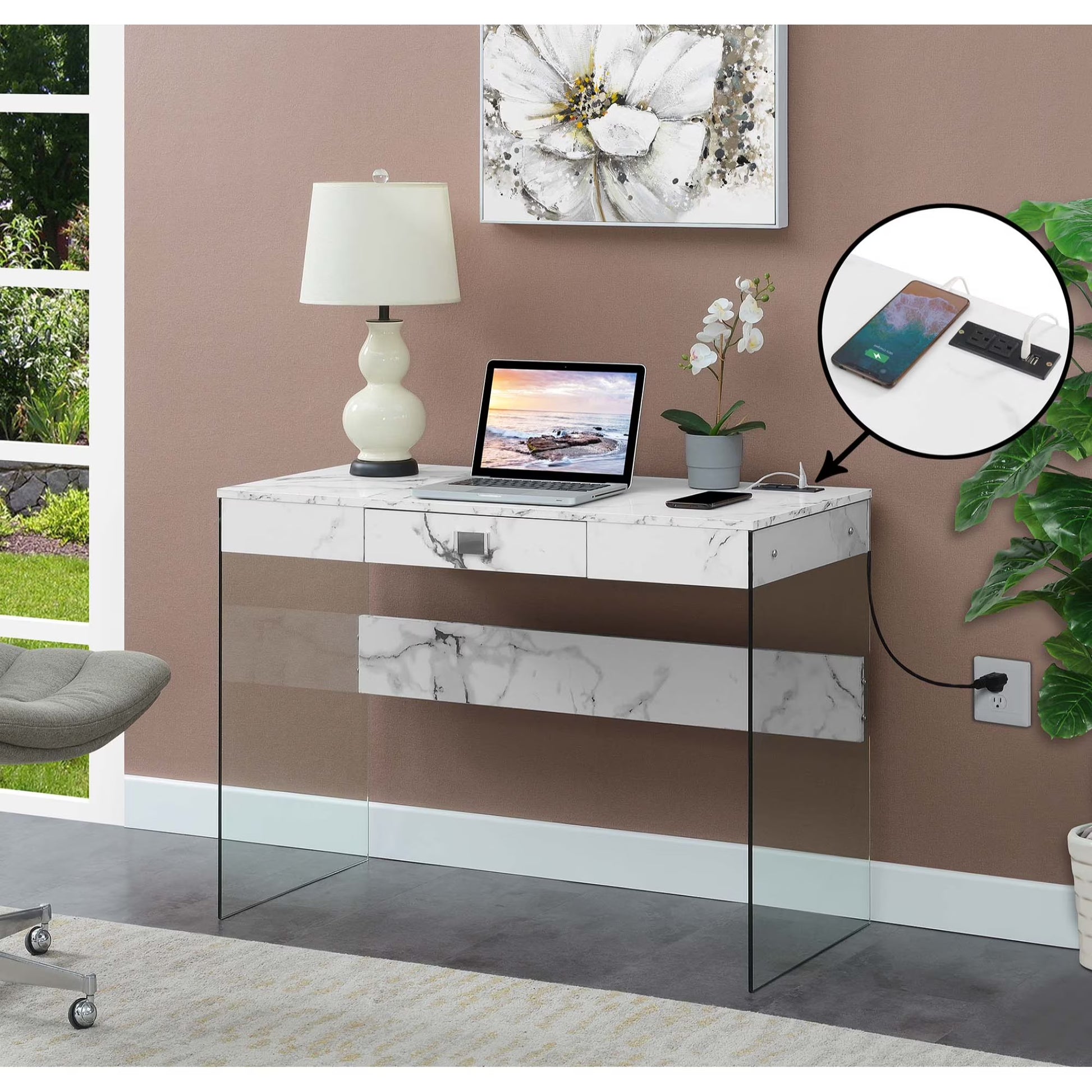 Convenience Concepts SoHo 30"H 42" W Glass Desk with Charging Station, White/Glass, All Ages
