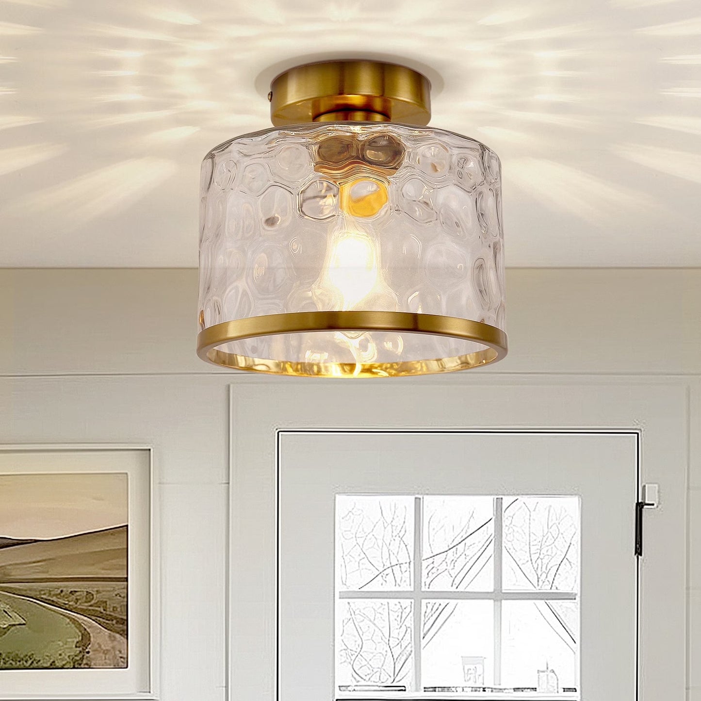 LOHASLED Industrial Semi Flush Mount Ceiling Light with Clear Hammered Glass,Black ,Modern Lighting for Hallway, Porch, Kitchen, Bathroom, Bedroom