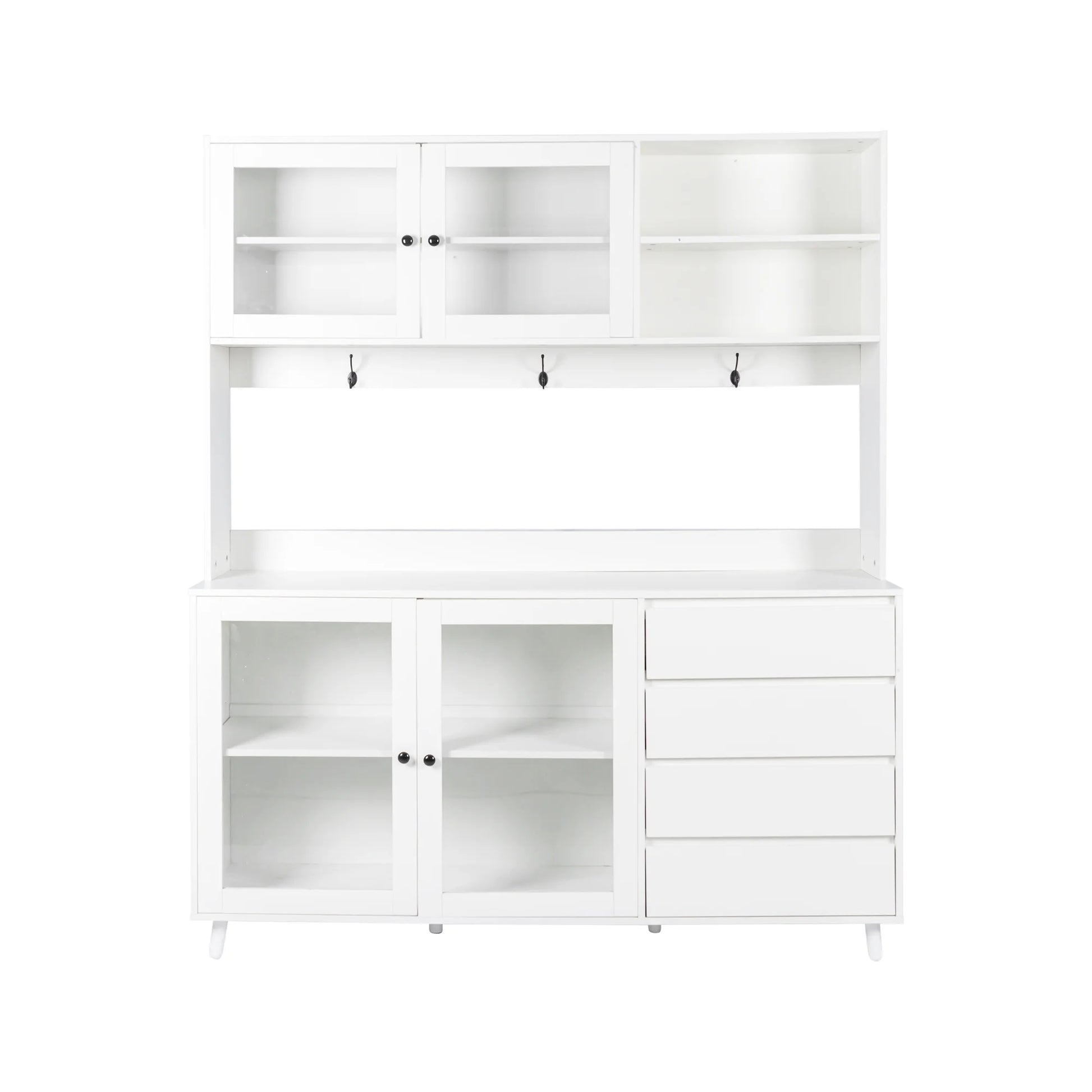Large Kitchen Pantry Storage Cabinet w/4 Glass Doors & 4 Drawers, Food Hutch w/Microwave Stand & Hooks