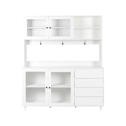 Large Kitchen Pantry Storage Cabinet w/4 Glass Doors & 4 Drawers, Food Hutch w/Microwave Stand & Hooks