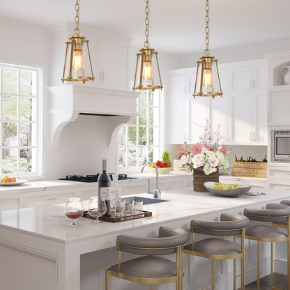 LNC Mid-Century Modern 1-Light Gold Lantern Glass Pendant Lights for Kitchen Island W 7.5"x H 11" Brushed