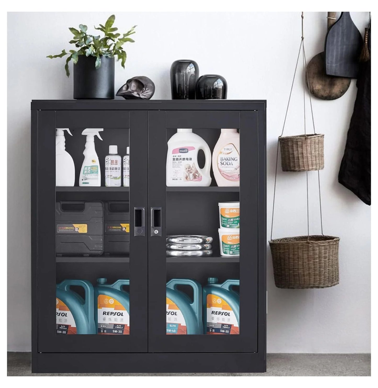 Drevy Metal Storage Cabinet with Doors and Shelves,Glass Cabinet Display Cabinet with Glass Doors,Office Cabinet with Storage Shelves and Double Doors, for Garage and Utility Room, Home Office